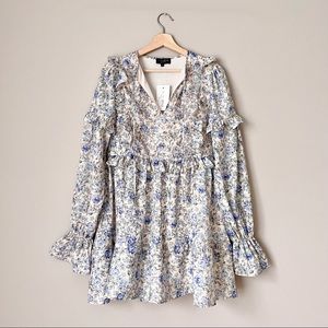 NWT {In The Style} Blue Floral Long Sleeve Frill Dress